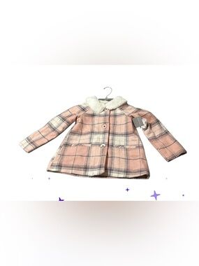 Tahari Girls' Pink Plaid Pea Coat with Cream Faux-Fur Collar